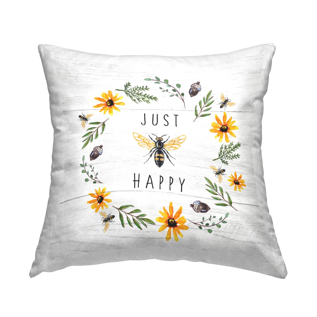 Stupell Industries Just Bee Happy Pun Phrase Yellow Daisy Wreath Throw Pillow 18" x 18"